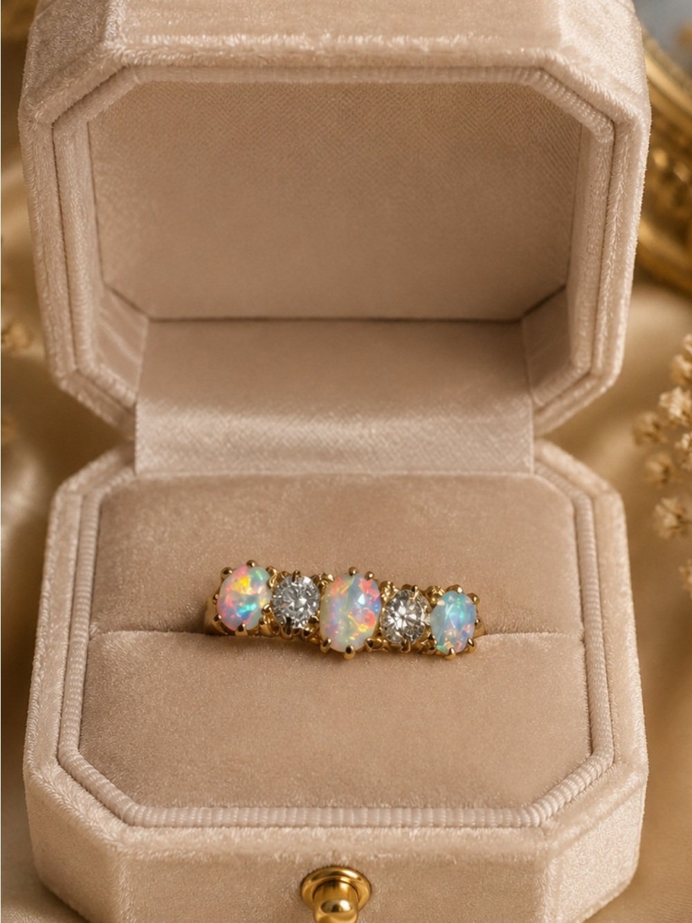 Opal old cut Diamond Ring 18kt BRIGHT! REAL OLD CUT DIAMONDS beautiful antique